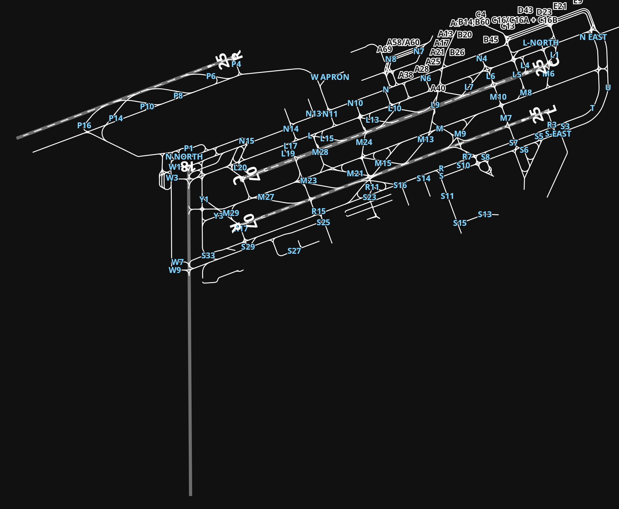 EDDF Frankfurt Airport airport diagram — runways, taxiways and parking stands
