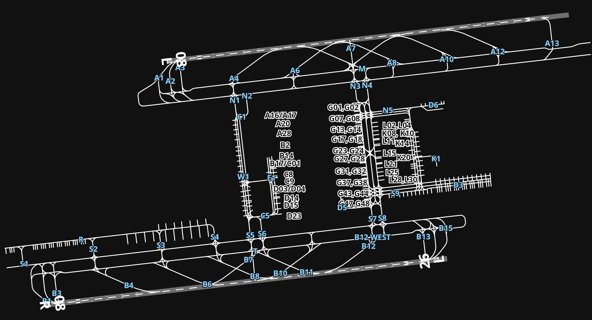 EDDM Munich Airport airport diagram — runways, taxiways and parking stands