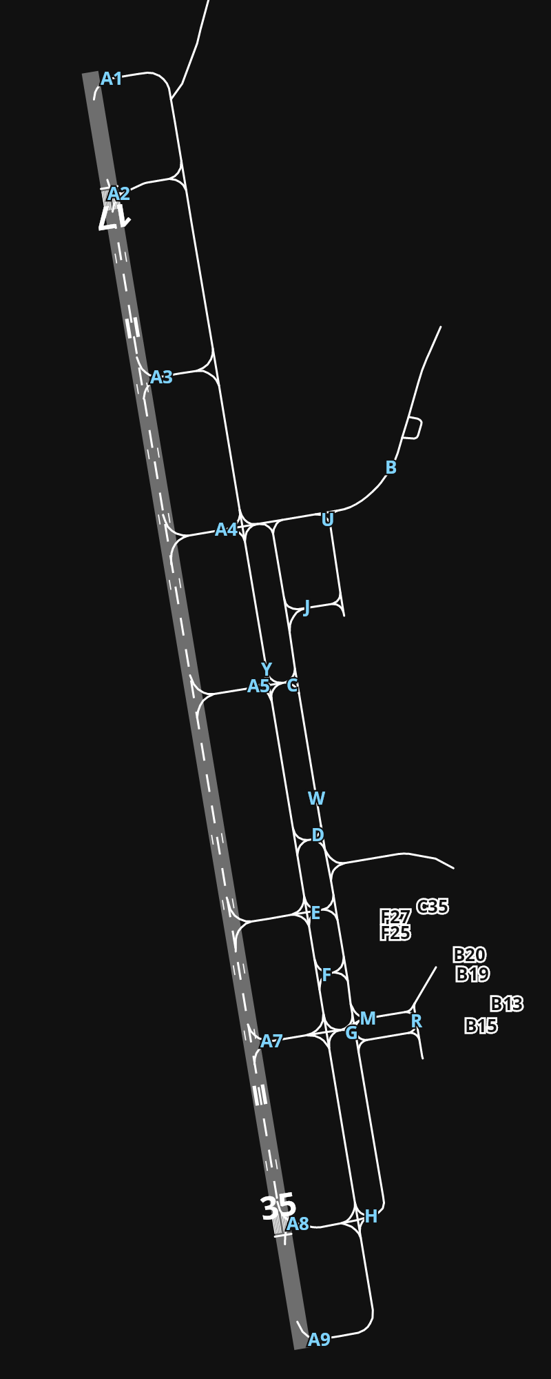 ENBR Bergen Airport, Flesland airport diagram — runways, taxiways and parking stands