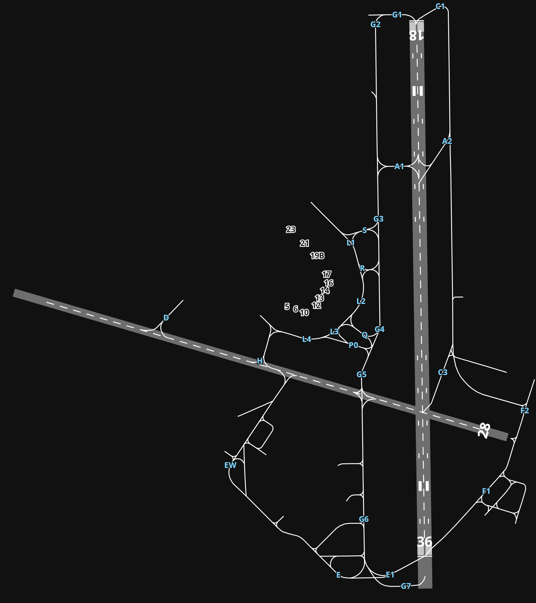 ENZV Stavanger Airport, Sola airport diagram — runways, taxiways and parking stands