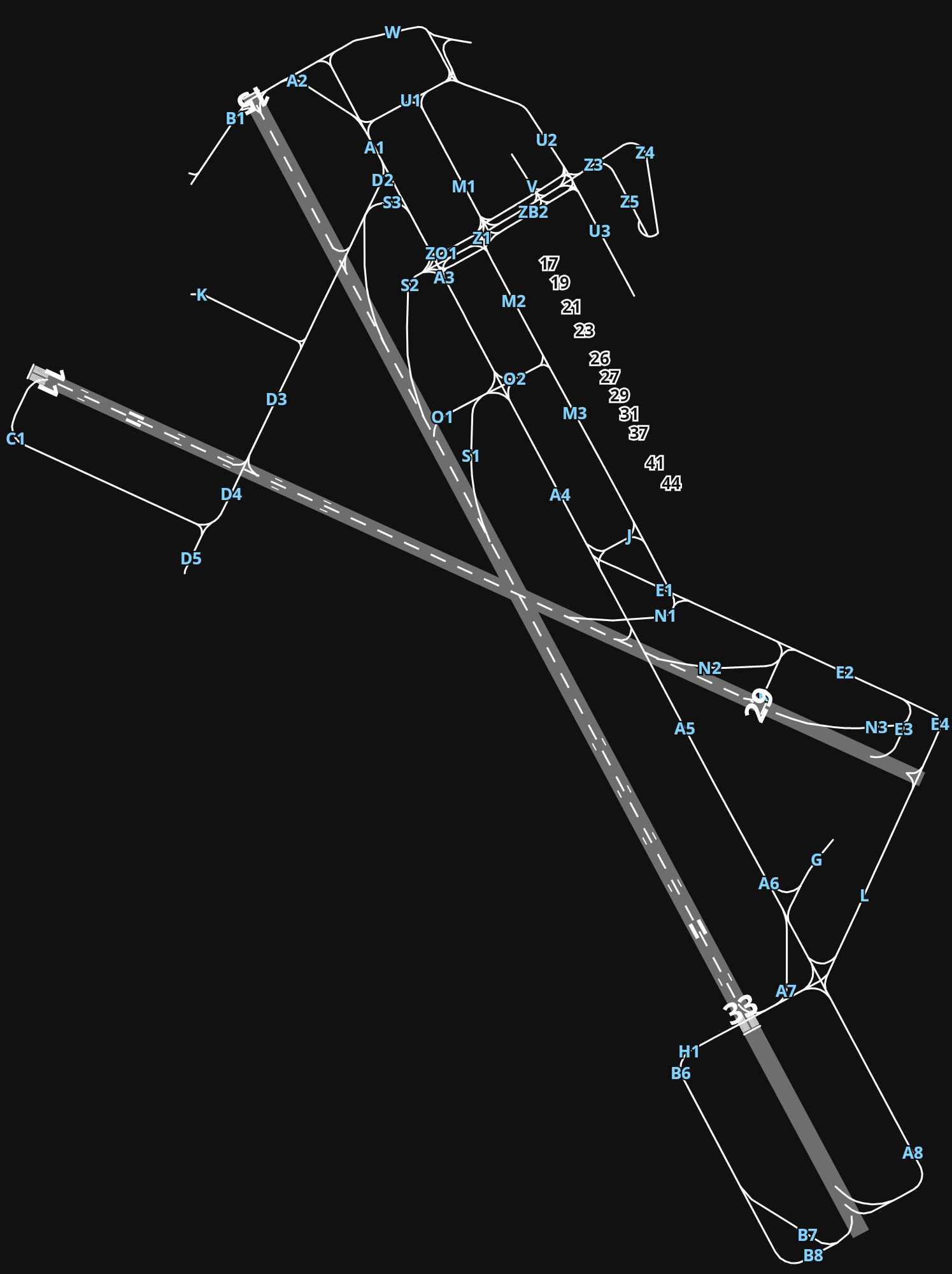EPWA Warsaw Chopin Airport airport diagram — runways, taxiways and parking stands