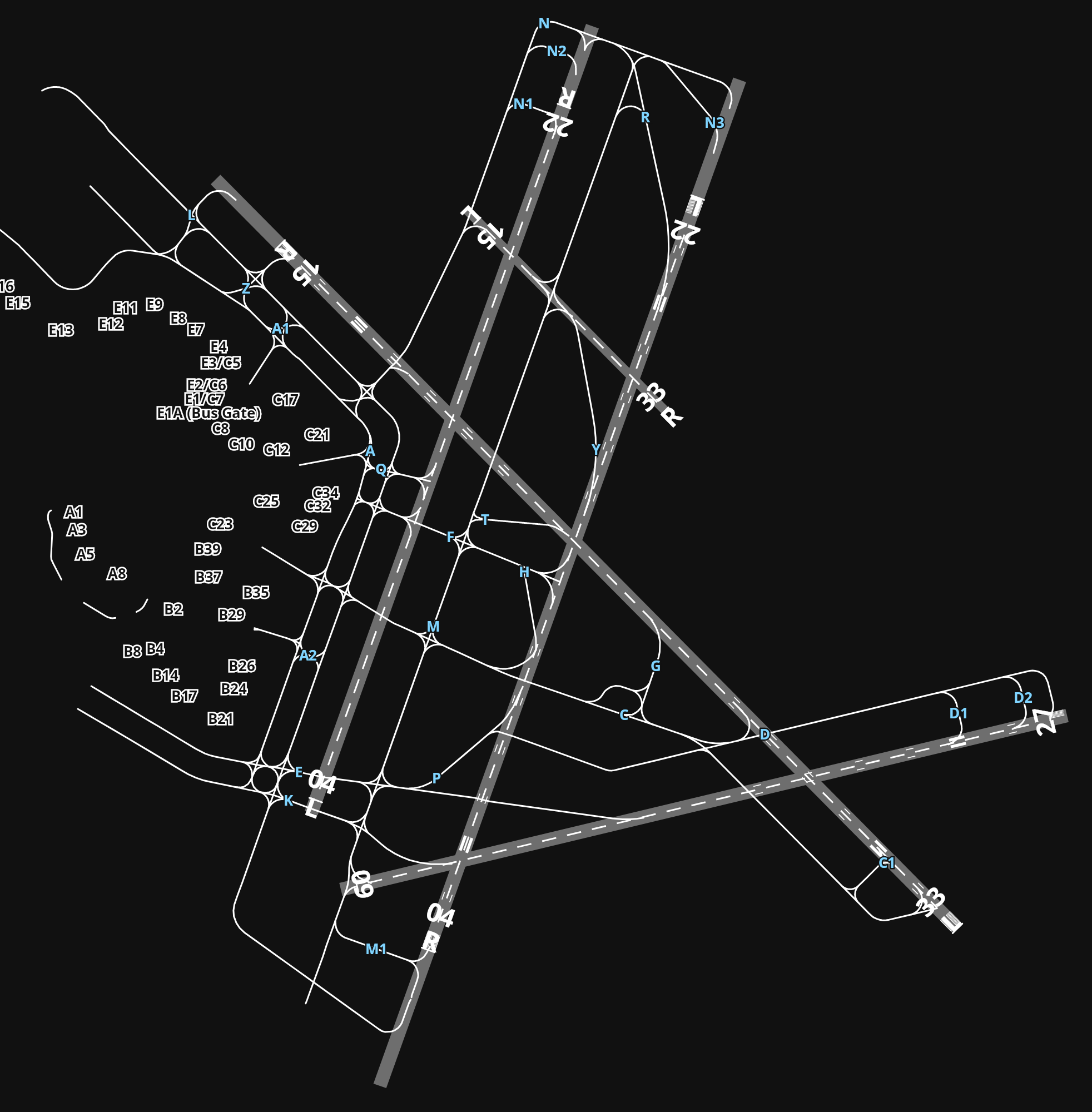 KBOS Logan International Airport airport diagram — runways, taxiways and parking stands