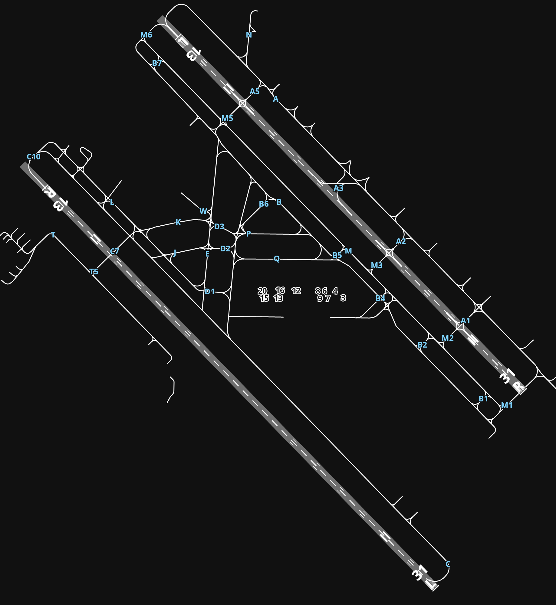 KDAL Dallas Love Field airport diagram — runways, taxiways and parking stands