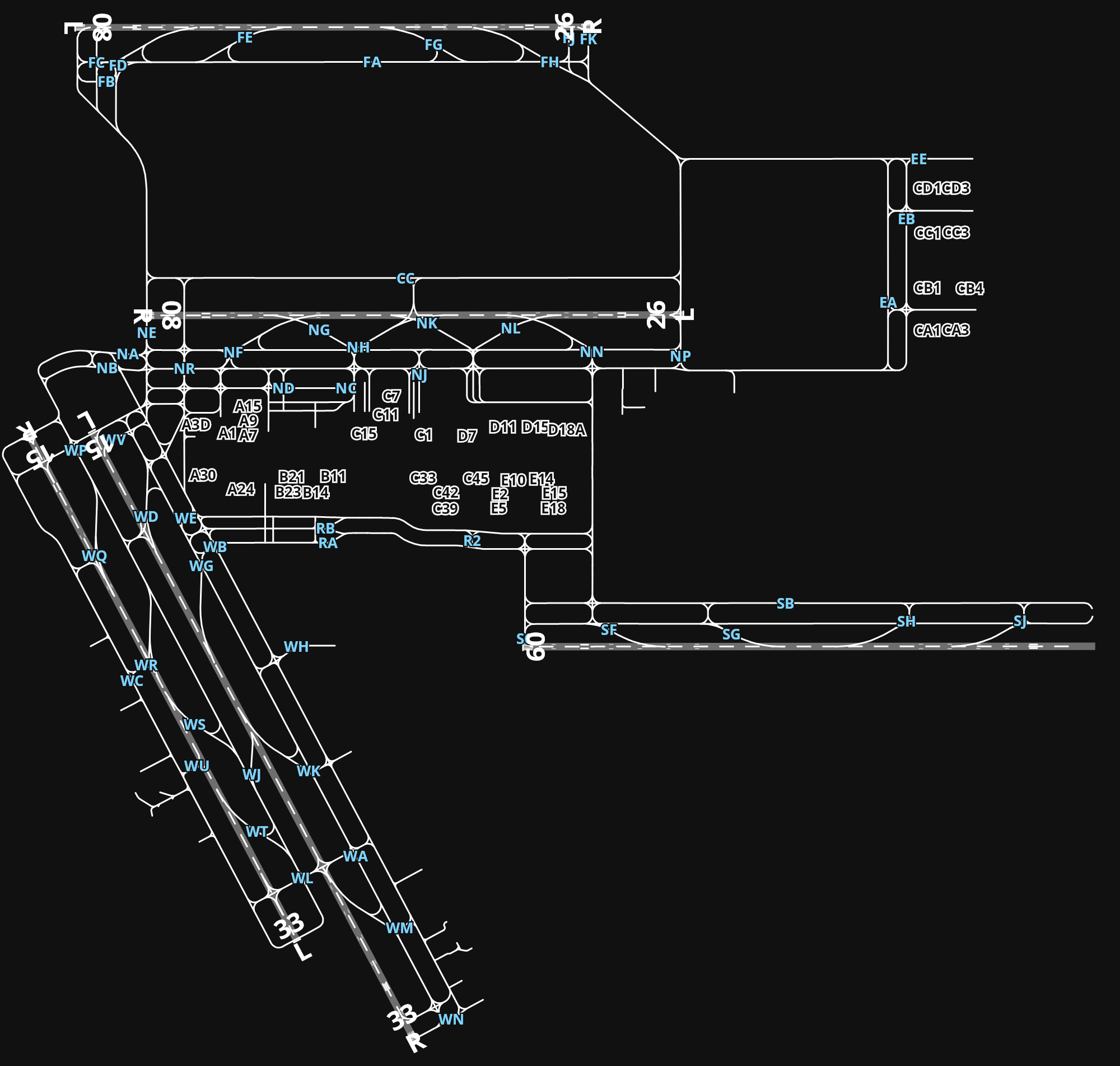 KIAH George Bush Intercontinental Houston Airport airport diagram — runways, taxiways and parking stands