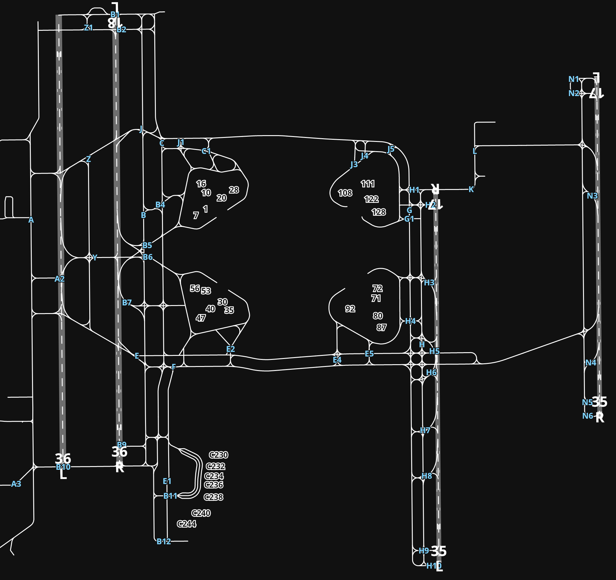 KMCO Orlando International Airport airport diagram — runways, taxiways and parking stands