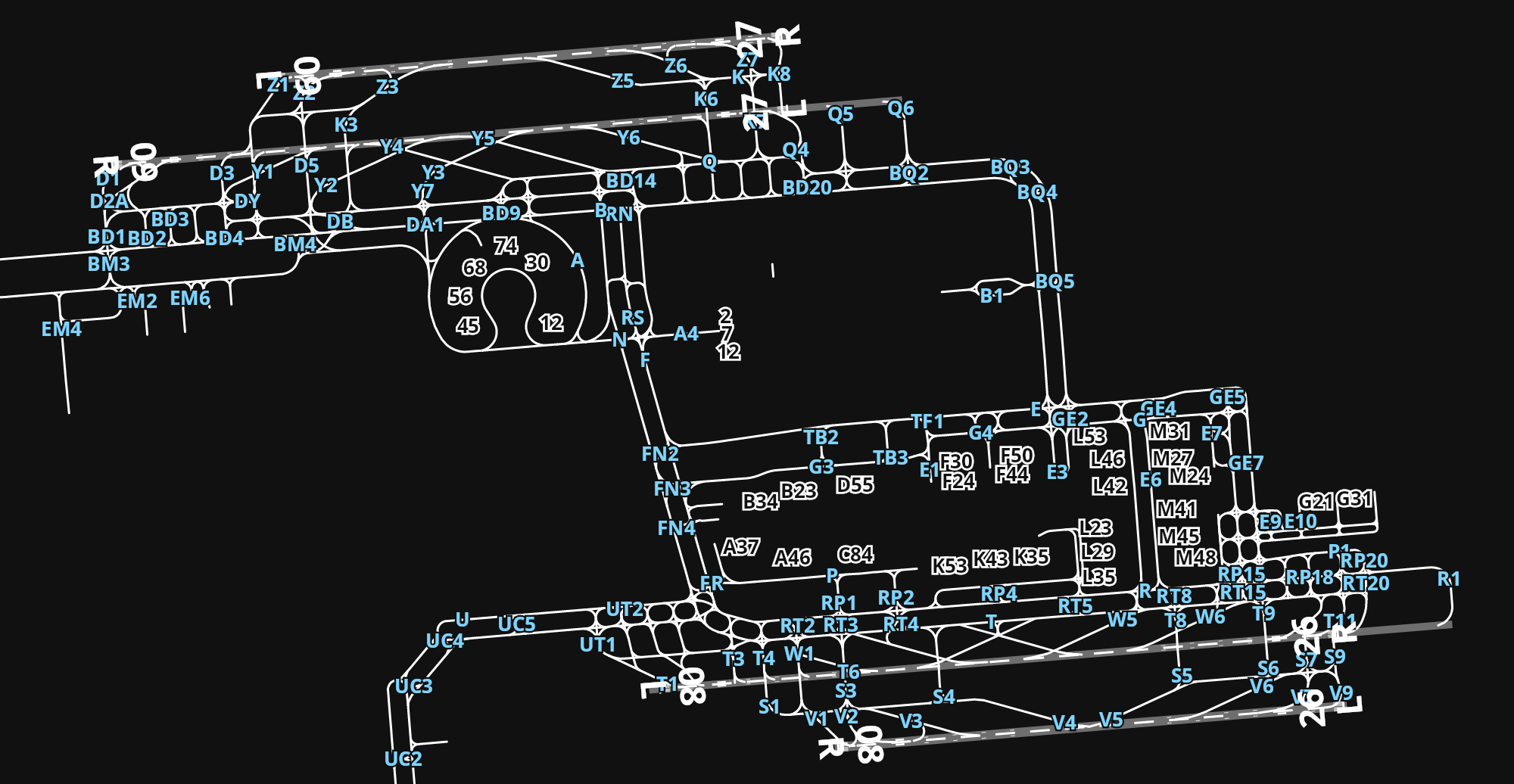 LFPG Charles de Gaulle International Airport airport diagram — runways, taxiways and parking stands