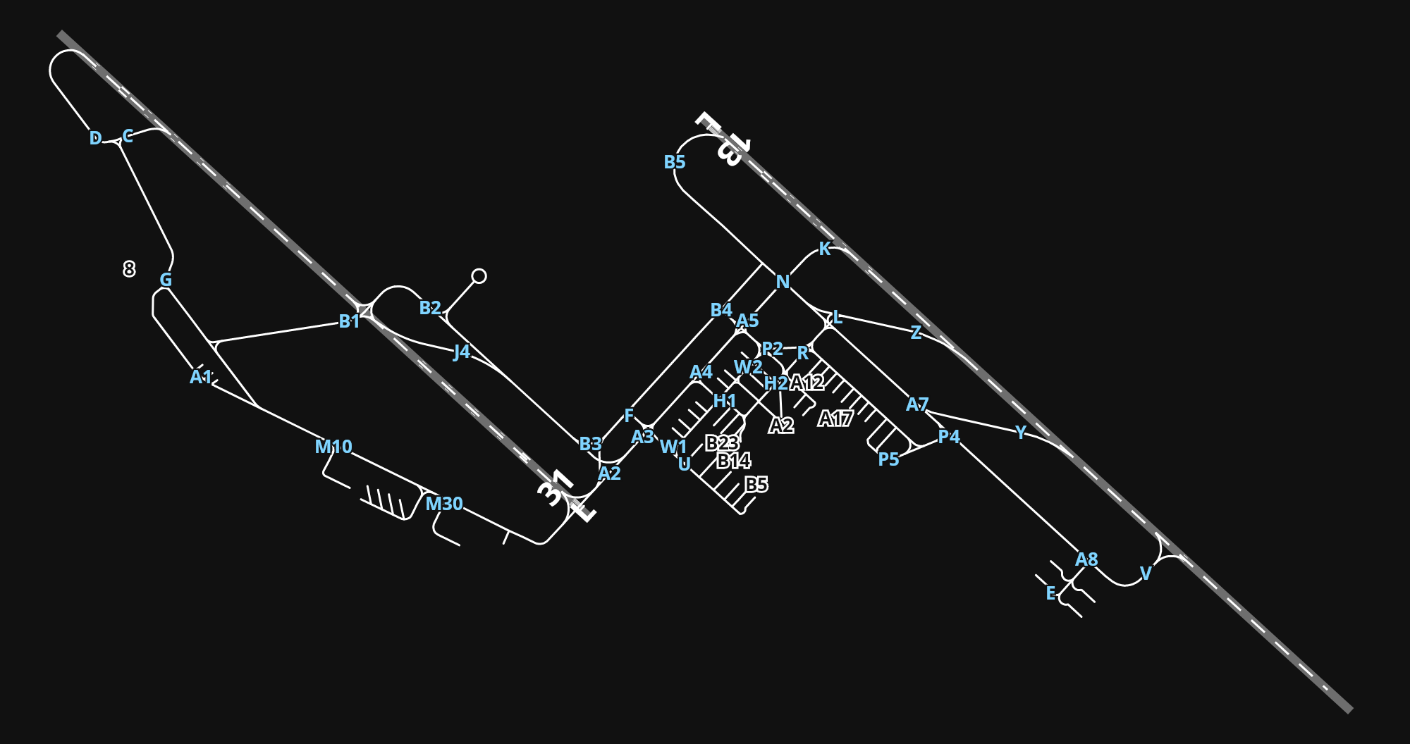 LHBP Budapest Liszt Ferenc International Airport airport diagram — runways, taxiways and parking stands