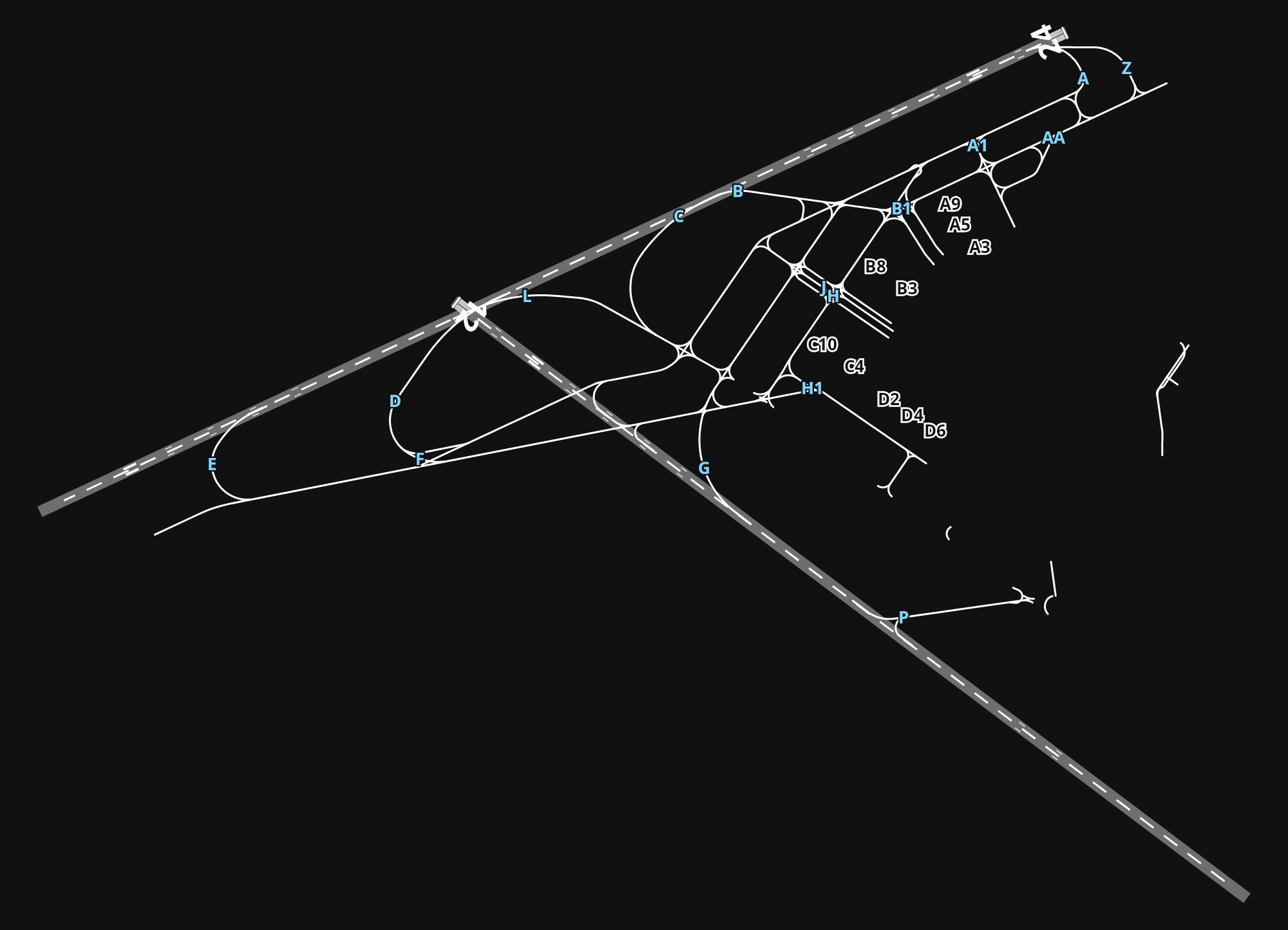 LKPR Václav Havel Airport Prague airport diagram — runways, taxiways and parking stands