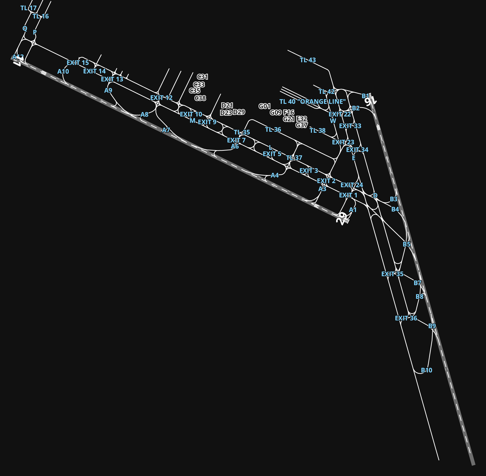 LOWW Vienna International Airport airport diagram — runways, taxiways and parking stands