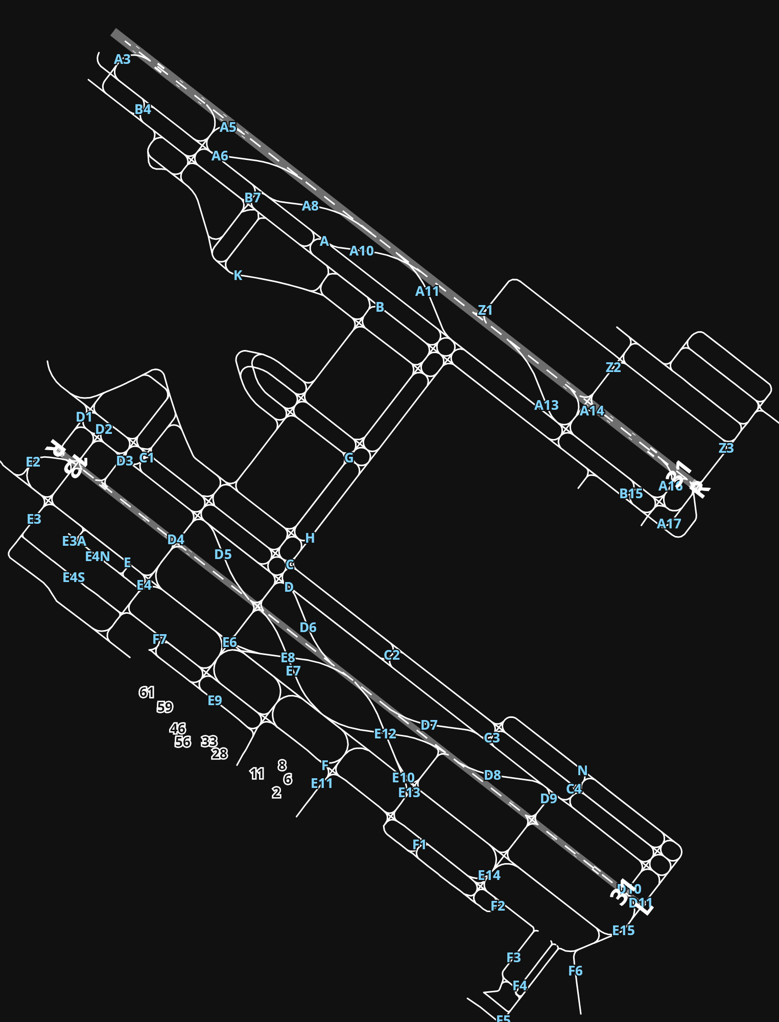OMAA Zayed International Airport airport diagram — runways, taxiways and parking stands