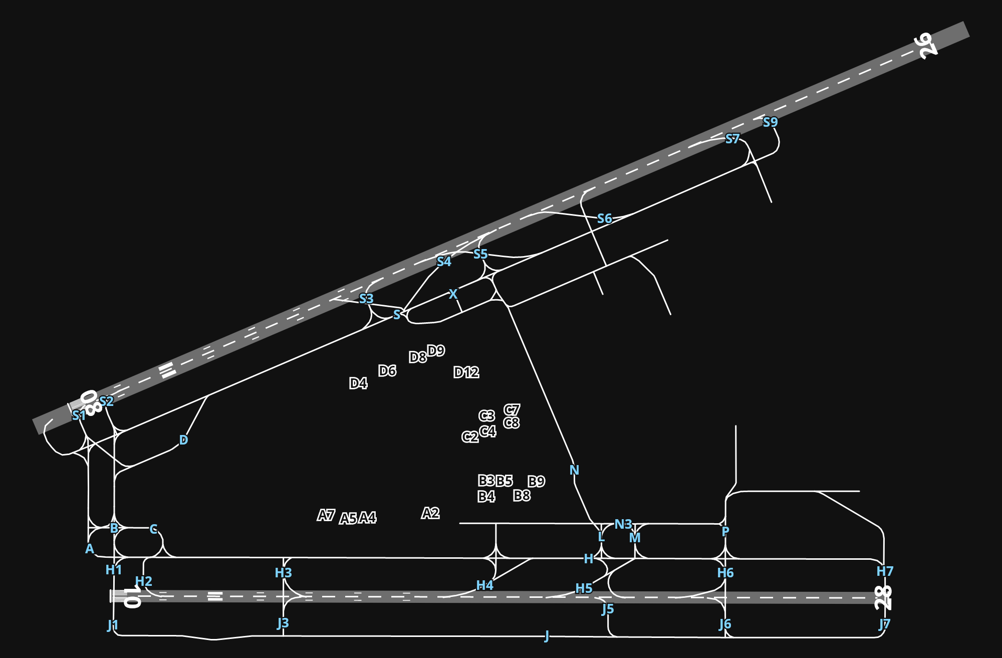 TJSJ Luis Munoz Marin International Airport airport diagram — runways, taxiways and parking stands