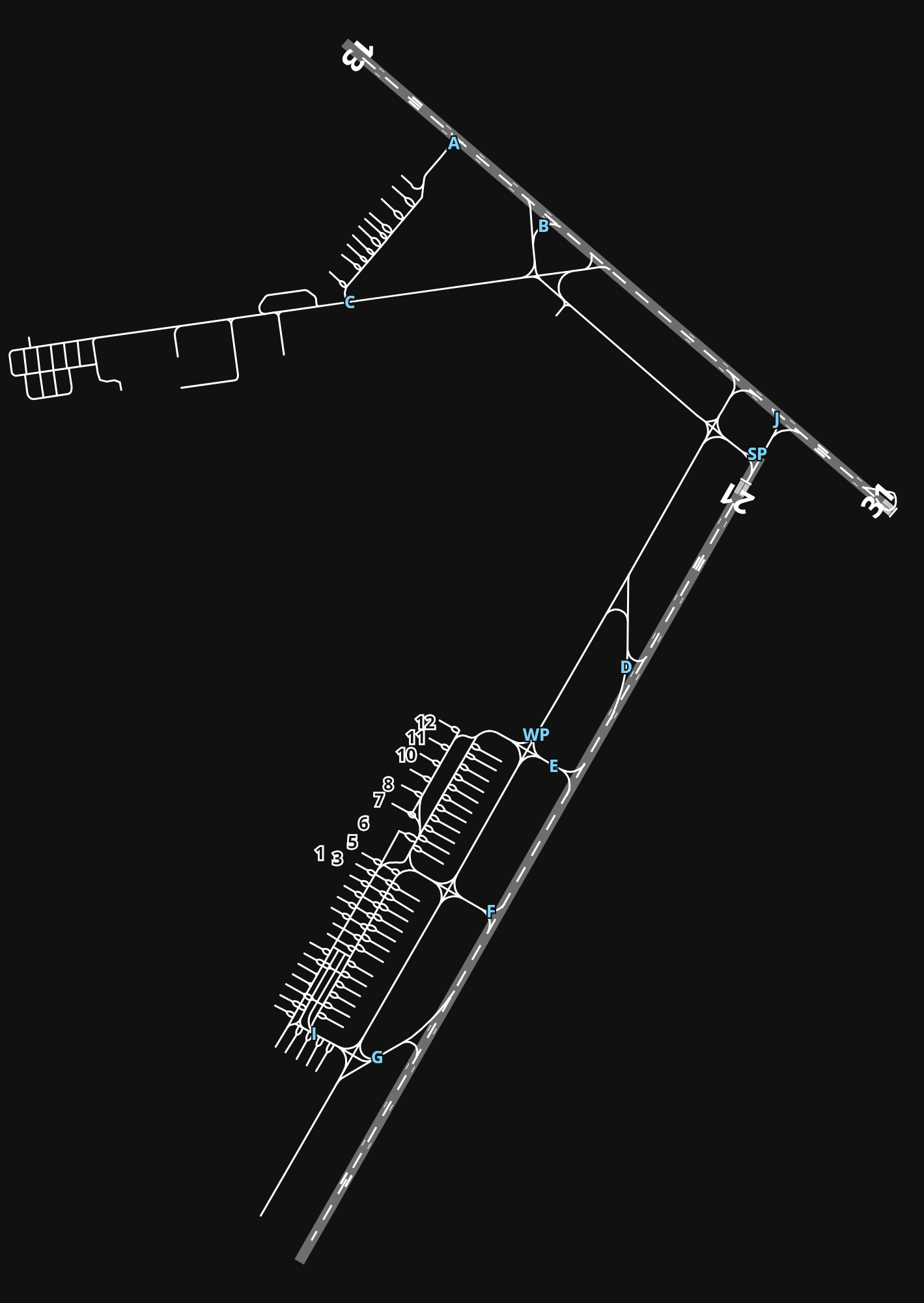 WAAA Hasanuddin International Airport airport diagram — runways, taxiways and parking stands