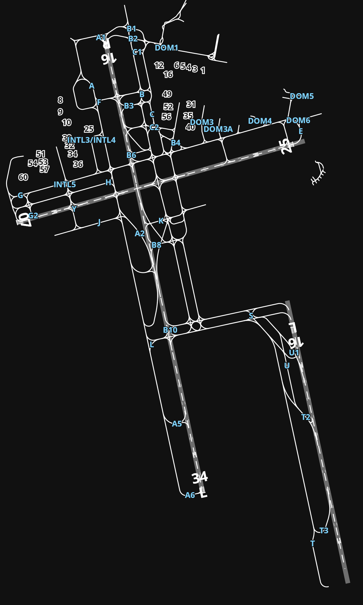 YSSY Sydney Kingsford Smith International Airport airport diagram — runways, taxiways and parking stands